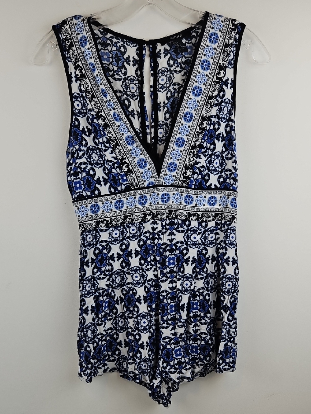 Forever 21 White Romper with Blue Floral Print Size Small